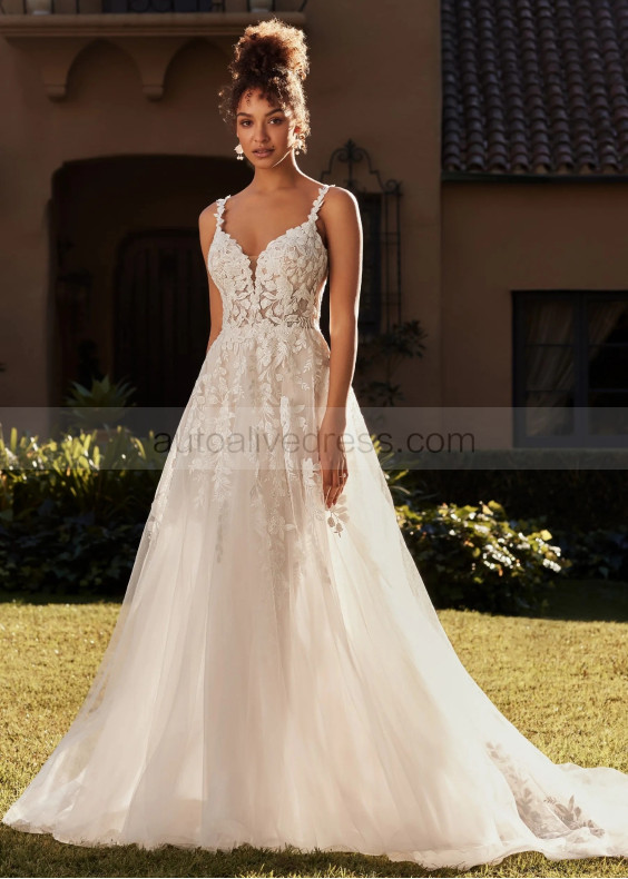 Beaded Ivory Lace Tulle V Back Enchanting Wedding Dress